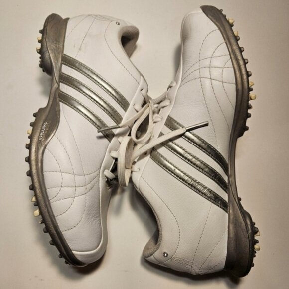 Adidas Women's Size 6 Fitfoam Traxion Leather Golf Shoes White W/Silver Detail - Picture 2 of 10